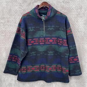 VTG Laundromat Sweater Mens Large Blue Fleece 1/4 Zip Mock Neck Aztec Pullover